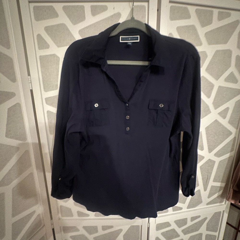 Karen Scott Navy Button-Front Utility Shirt